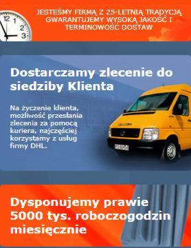 Grafika reklamowa firmy z 25-letnią tradycją, gwarantującej wysoką jakość i terminowość dostaw. Żółty samochód dostawczy na tle tekstu o dostarczaniu zleceń do siedziby klienta i korzystaniu...
