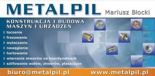 Folder reklamowy firmy Metalpil z listą usług obróbki metali, w tym toczenie i frezowanie, oraz przykładowymi detalami na niebieskim tle z geometrycznym wzorem.