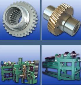 Kola zębate i maszyny do obróbki metalu, ujęcie w formie kolażu na niebieskim tle.