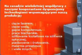 Pomarańczowe tło z listą technologii obróbki metali, w tle fragment maszyny przemysłowej z elementem obrabianym.