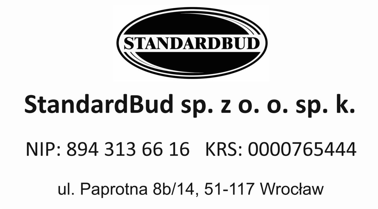 Logo firmy budowlanej StandardBud sp. z o.o. sp.k. z siedzibą we Wrocławiu, zawierające nazwę firmy w owalnej obwódce oraz dane adresowe, NIP i KRS.