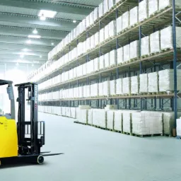 Żółty wózek widłowy Hyundai 25BR-7AC w magazynie z wysokimi regałami wypełnionymi paletami z towarem.