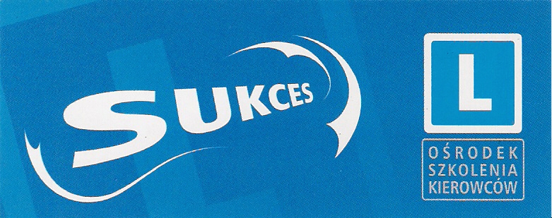 Niebieskie tło z białym napisem 'SUKCES' i symbolem 'L' w kwadracie, oznaczającym ośrodek szkolenia kierowców.