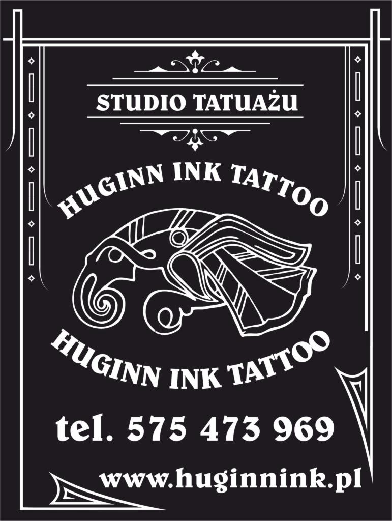 Logo studia tatuażu Huginn Ink Tattoo z stylizowanym motywem słonia w kolorze białym na czarnym tle, zawierające numer telefonu i adres strony internetowej.