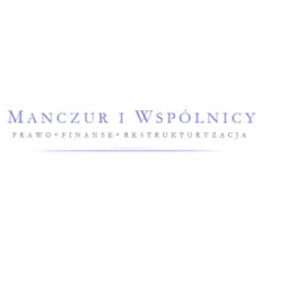 Logo firmy 'MANCZUR I WSPÓLNICY' z hasłem 'PRAWO • FINANSE • RESTRUKTURYZACJA' w kolorze fioletowym na białym tle.