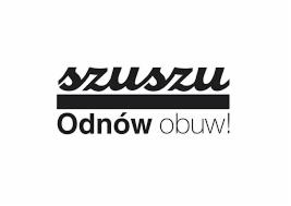 Czarno-białe logo firmy 'szuszu Odnów Obuw!' z charakterystycznym fontem i poziomą linią, na białym tle. Minimalistyczny design, skoncentrowany na nazwie i haśle.