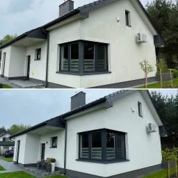 Porównanie elewacji domu przed i po czyszczeniu, widoczne wyraźne usunięcie zabrudzeń i odświeżenie koloru.