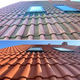 INMAGO Sp. z o.o., Sp. k. - Porównanie dachu przed i po czyszczeniu, widoczne dachówki pokryte mchem i zabrudzeniami w górnej części zdjęcia oraz czyste, czerwone dachówki w dolnej części, z oknami dachowymi.