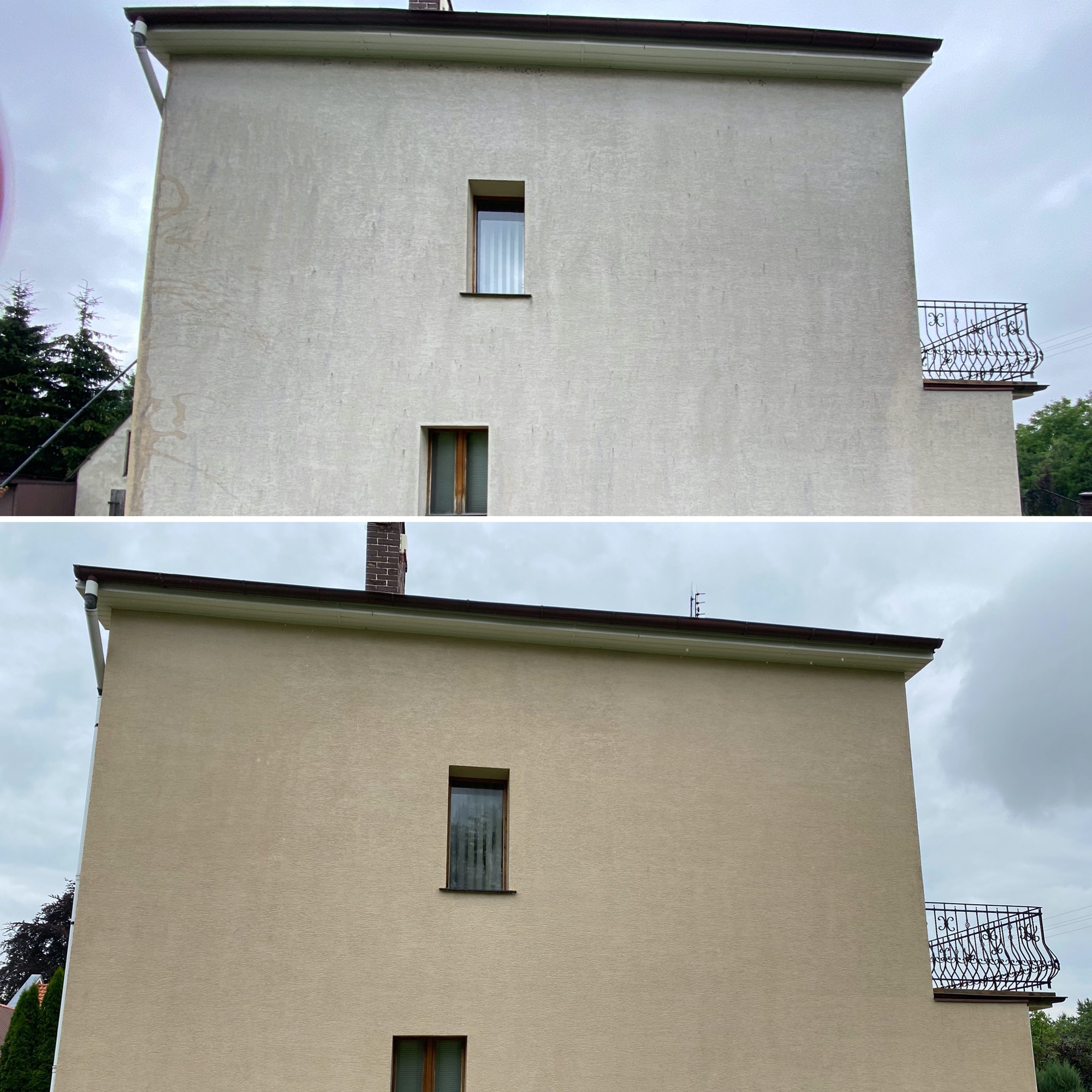 Porównanie elewacji budynku przed i po czyszczeniu, widoczne różnice w kolorze i usunięte zabrudzenia na jasnym tynku strukturalnym.