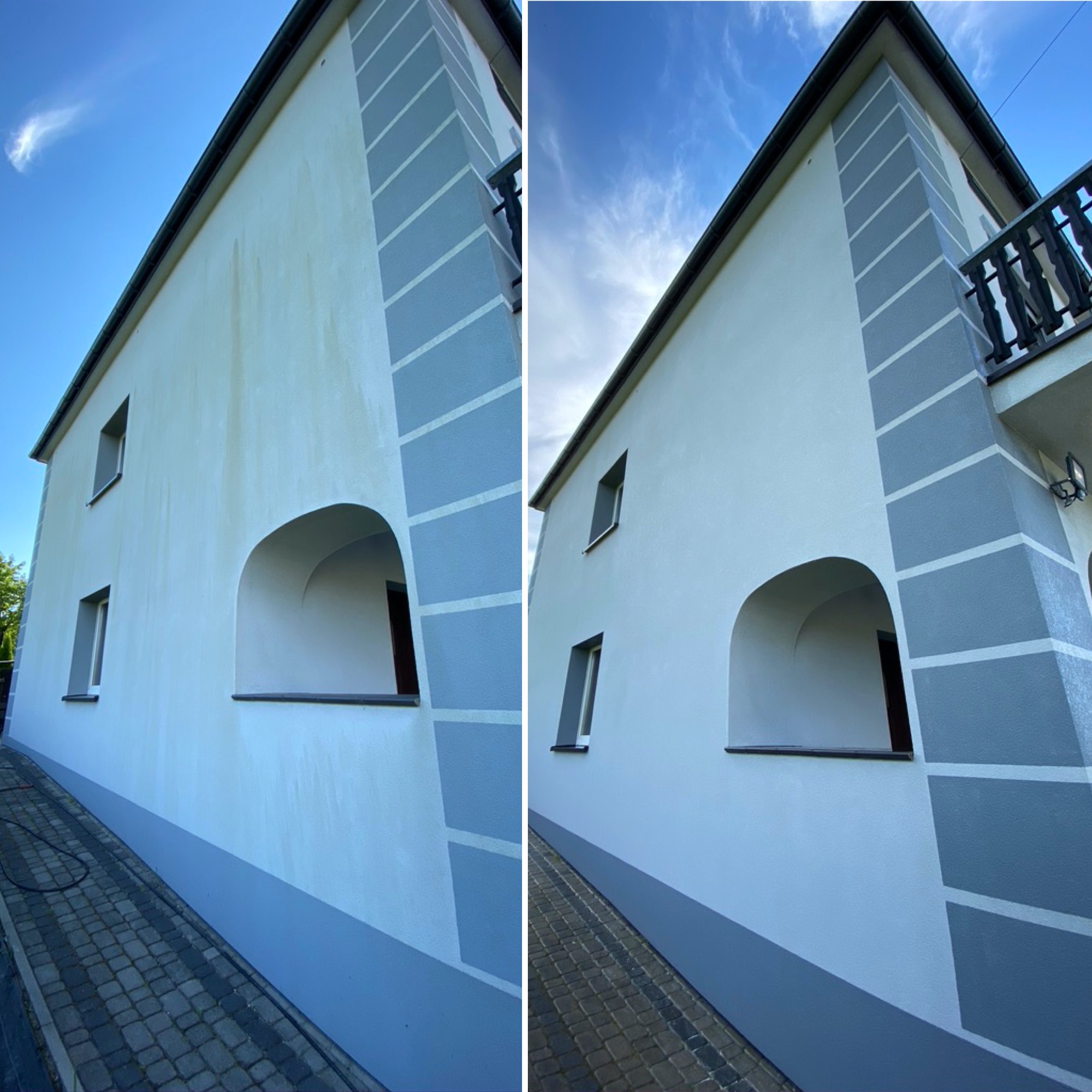 Porównanie stanu elewacji budynku przed i po czyszczeniu, widoczne różnice w czystości bocznej ściany, z szarymi pasami dekoracyjnymi i oknami.