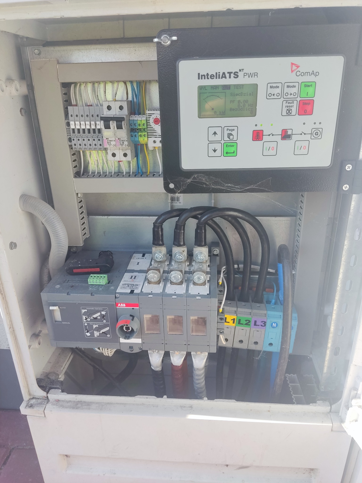 Otwarta szafa elektryczna z panelem sterowania ComAp InteliATS PWR, automatycznym przełącznikiem ABB, bezpiecznikami i okablowaniem oznaczonym L1, L2, L3 i N.