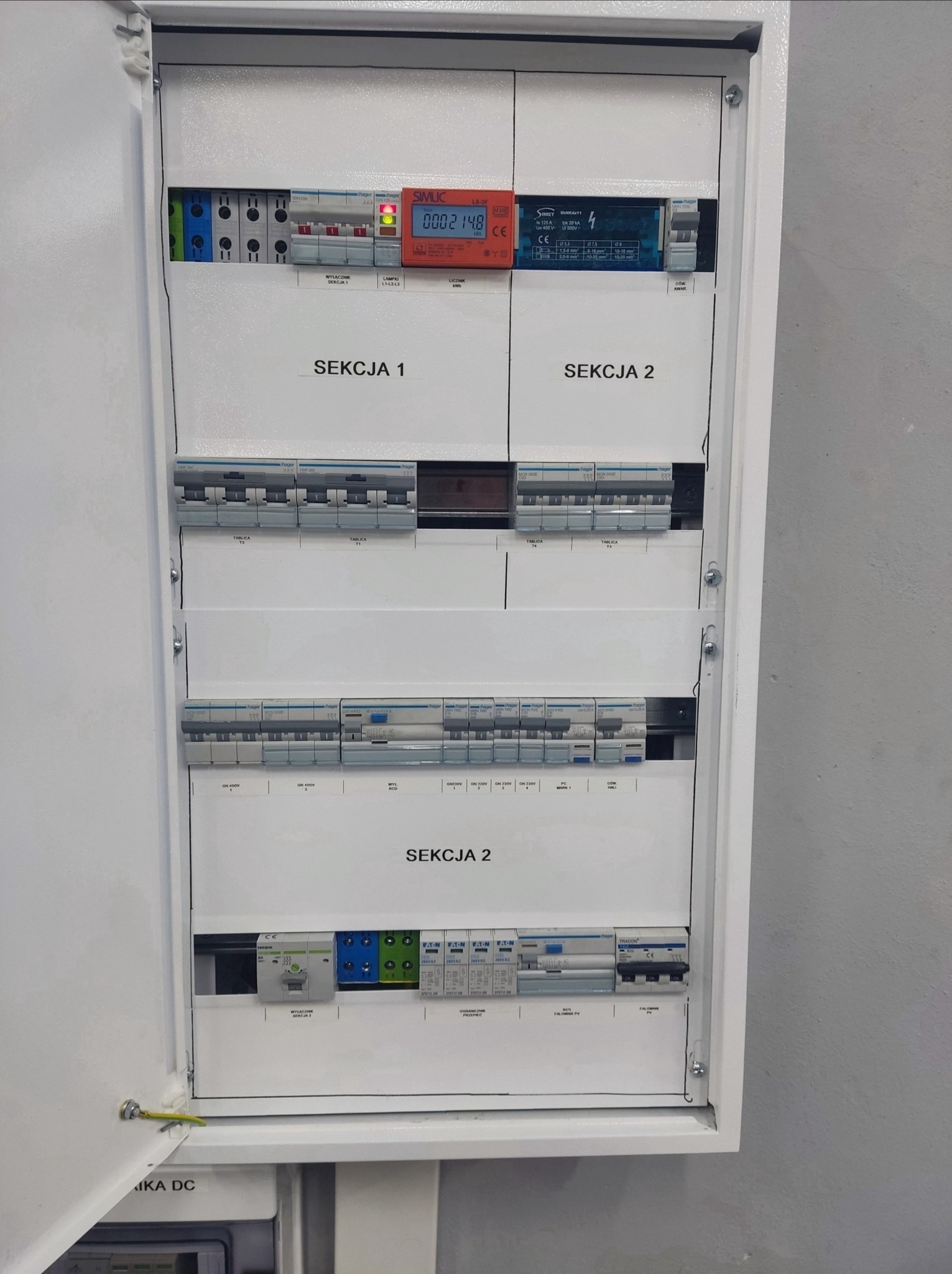 Otwarta skrzynka elektryczna z licznikiem, bezpiecznikami i wyłącznikami, oznaczona jako 'Sekcja 1' i 'Sekcja 2'. Widoczne przewody i elementy montażowe.