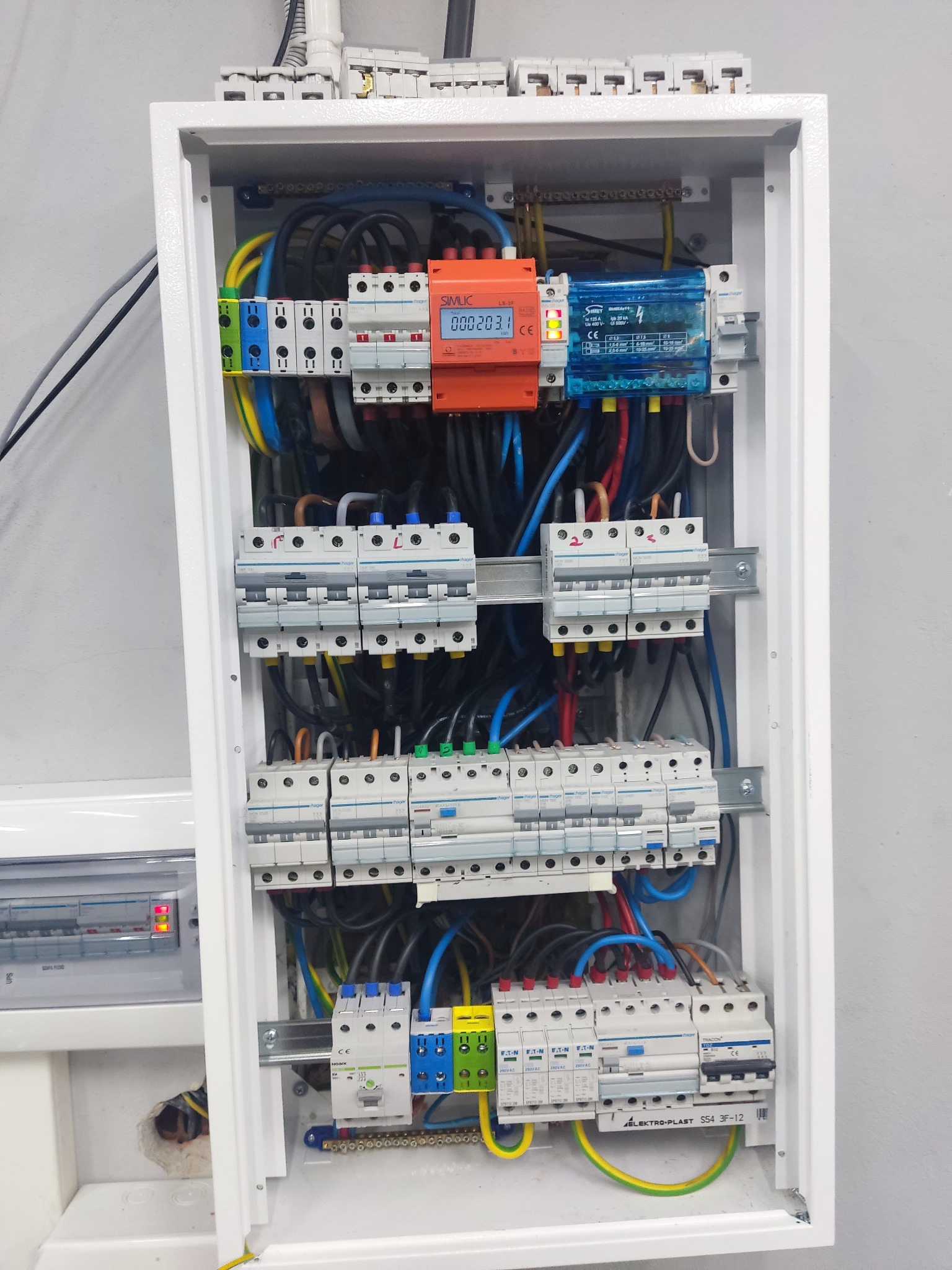 Otwarta skrzynka elektryczna z bezpiecznikami, przewodami w różnych kolorach, zabezpieczeniami przeciwprzepięciowymi i licznikiem energii, zamontowana na ścianie.