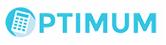 Jasnoniebieskie logo firmy z kalkulatorem w okręgu i napisem OPTIMUM.