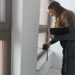 Kobieta z miarką mierzy wnękę okienną, trzymając czarny segregator z dokumentami.