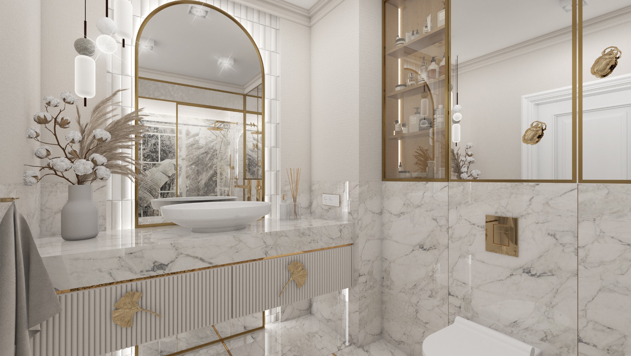 Elegancka łazienka w bieli i marmurze z akcentami złota: umywalka nablatowa, lustro w łuku, szafka z ryflowanym frontem i dekoracyjnymi uchwytami.