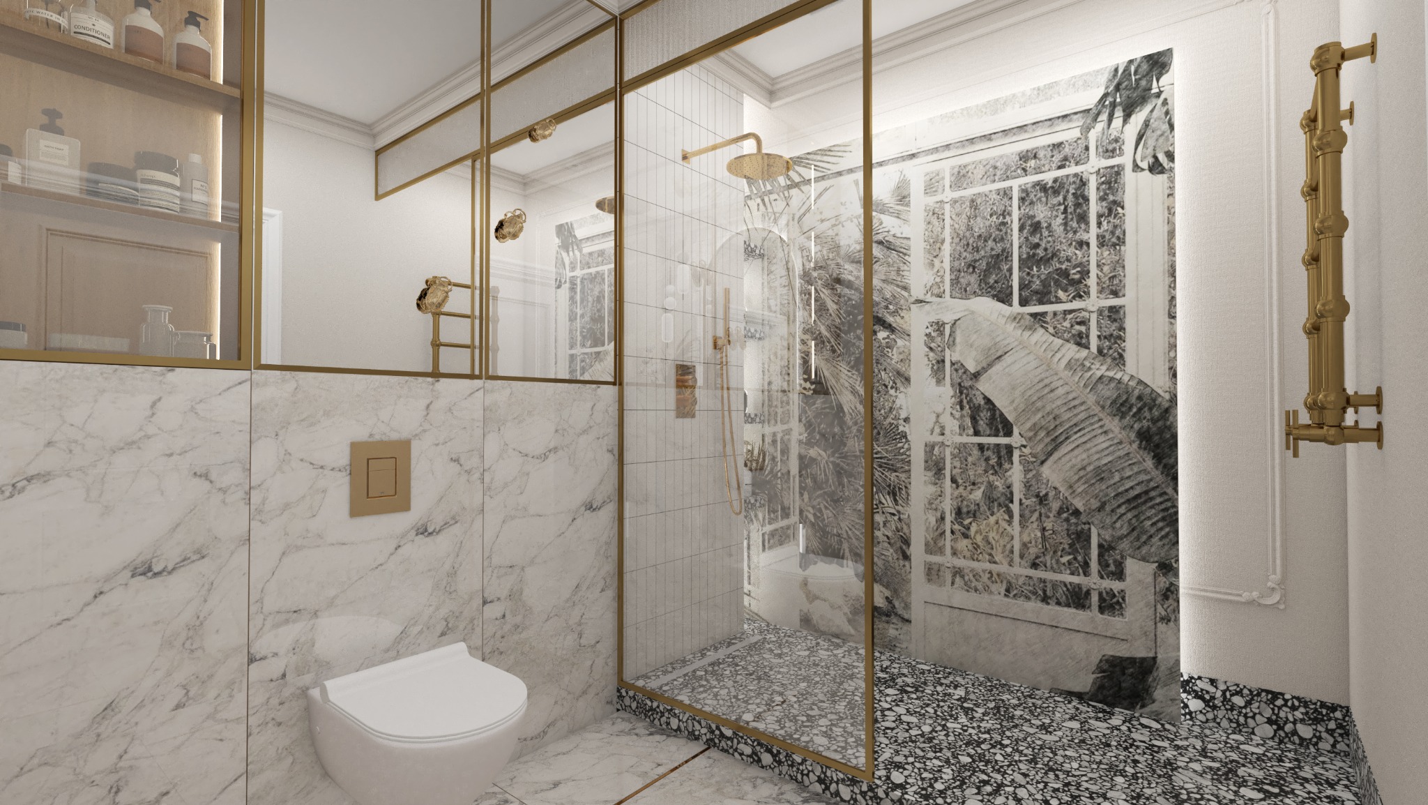 Elegancka łazienka z marmurowymi ścianami, złotymi akcentami i kabiną prysznicową z motywem roślinnym. Nowoczesny design z dbałością o detale.