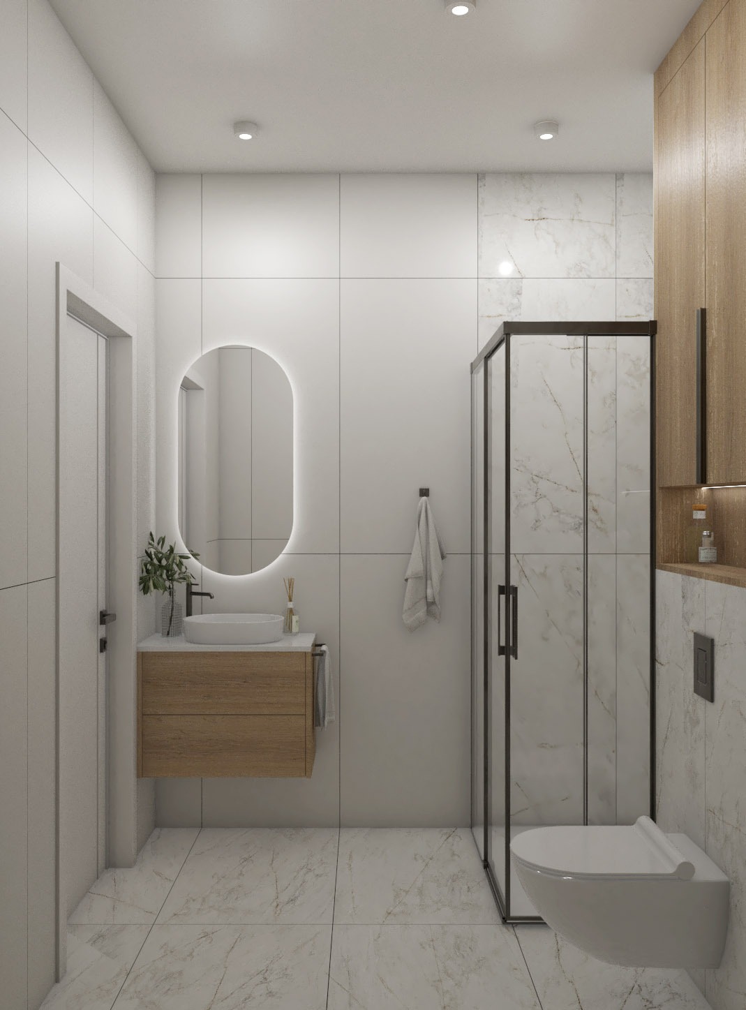 Nowoczesna łazienka z owalnym lustrem LED, drewnianą szafką pod umywalką i kabiną prysznicową z czarnymi ramami. Minimalistyczny design z marmurowymi płytkami.