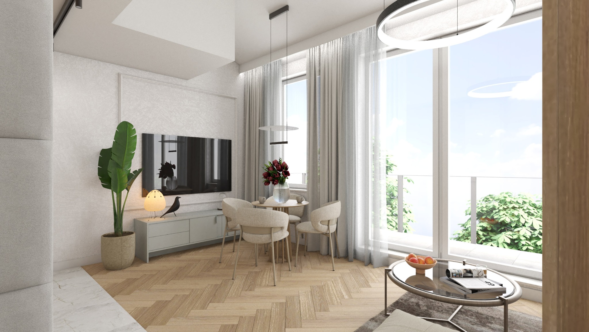 Jasne wnętrze z parkietem w jodełkę: stół z kwiatami, krzesła, TV, roślina doniczkowa i lampka w kształcie ptaka. Duże okna z widokiem na zieleń.