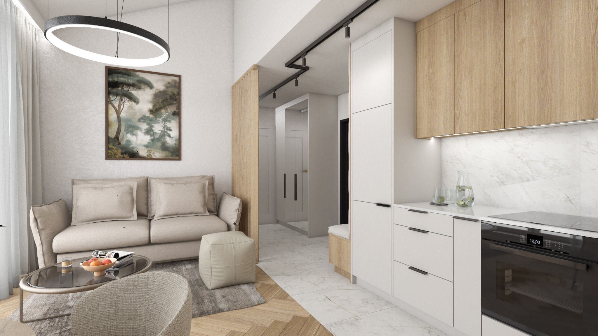 Jasne wnętrze: salon z sofą, stolikiem i obrazem, przechodzący w kuchnię z białymi szafkami i drewnianymi akcentami. Nowoczesne oświetlenie i parkiet w jodełkę.