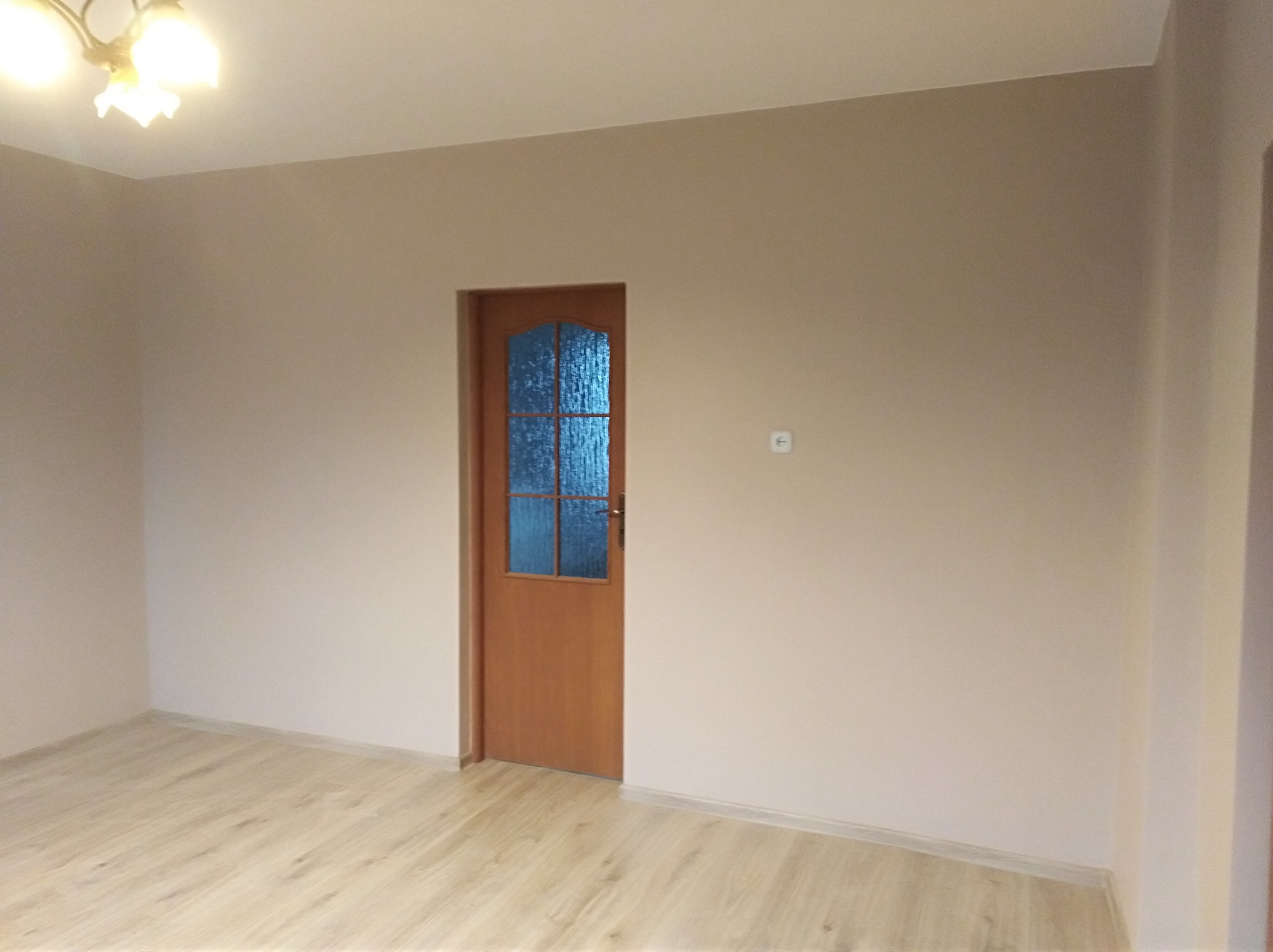 Pomalowane na beżowo wnętrze z drewnianymi drzwiami z szybą i panelami podłogowymi, widoczny włącznik na ścianie.