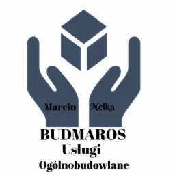 Graficzne logo firmy Budmaros Usługi Ogólnobudowlane przedstawiające dwie dłonie podtrzymujące kostkę.