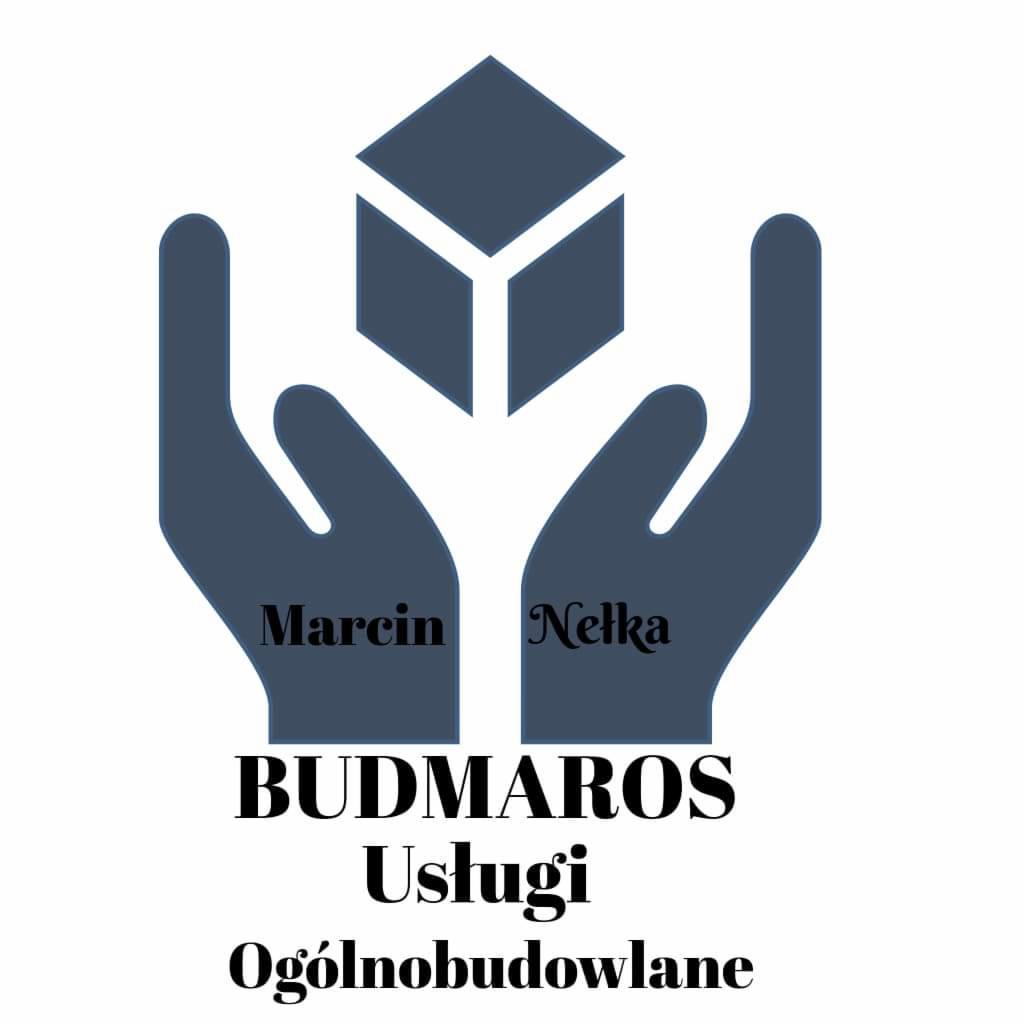 Graficzne logo firmy Budmaros Usługi Ogólnobudowlane przedstawiające dwie dłonie podtrzymujące kostkę.