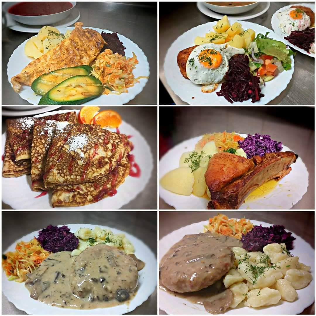 Kompozycja sześciu talerzy z różnorodnymi daniami: smażona ryba z ziemniakami i surówkami, kotlet z jajkiem sadzonym i buraczkami, naleśniki z dżemem i cukrem pudrem, pieczone mięso z ziemniakami...