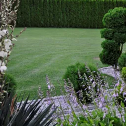 Starannie utrzymany ogród z równo przystrzyżonym trawnikiem, ozdobnymi krzewami, kwitnącymi jukami i hostami, otoczony żywopłotem z tui.