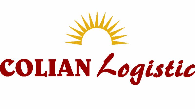 Logo firmy Colian Logistic z symbolem słońca nad napisem, w kolorach czerwieni i złota na białym tle.