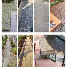 Kolaż zdjęć prezentujący różne etapy czyszczenia kostki brukowej, od porośniętej mchem i zabrudzonej do świeżo umytej, z widocznymi różnicami w kolorze i fakturze.