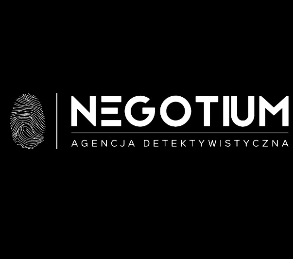 Logo agencji detektywistycznej Negotium: odcisk palca, nazwa firmy i podpis 'Agencja Detektywistyczna', wszystko w bieli na czarnym tle.