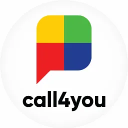 Logo firmy z kolorowym symbolem dymku w czterech kolorach (żółty, zielony, czerwony, niebieski) i napisem 'call4you' poniżej, umieszczone na białym tle.