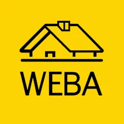 Logo firmy budowlanej WEBA na żółtym tle, przedstawiające schematyczny zarys domu z czarnymi liniami.