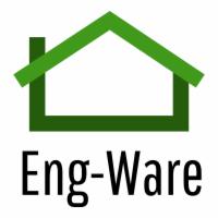 Zielony kontur domu bez ścian nad czarnym napisem Eng-Ware.