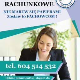 Grafika reklamowa z uśmiechniętą kobietą przy biurku liczącą coś na kalkulatorze, z hasłem 'Nie martw się papierami. Zostaw to fachowcom!' oraz informacją o odbiorze dokumentów i dojeździe...