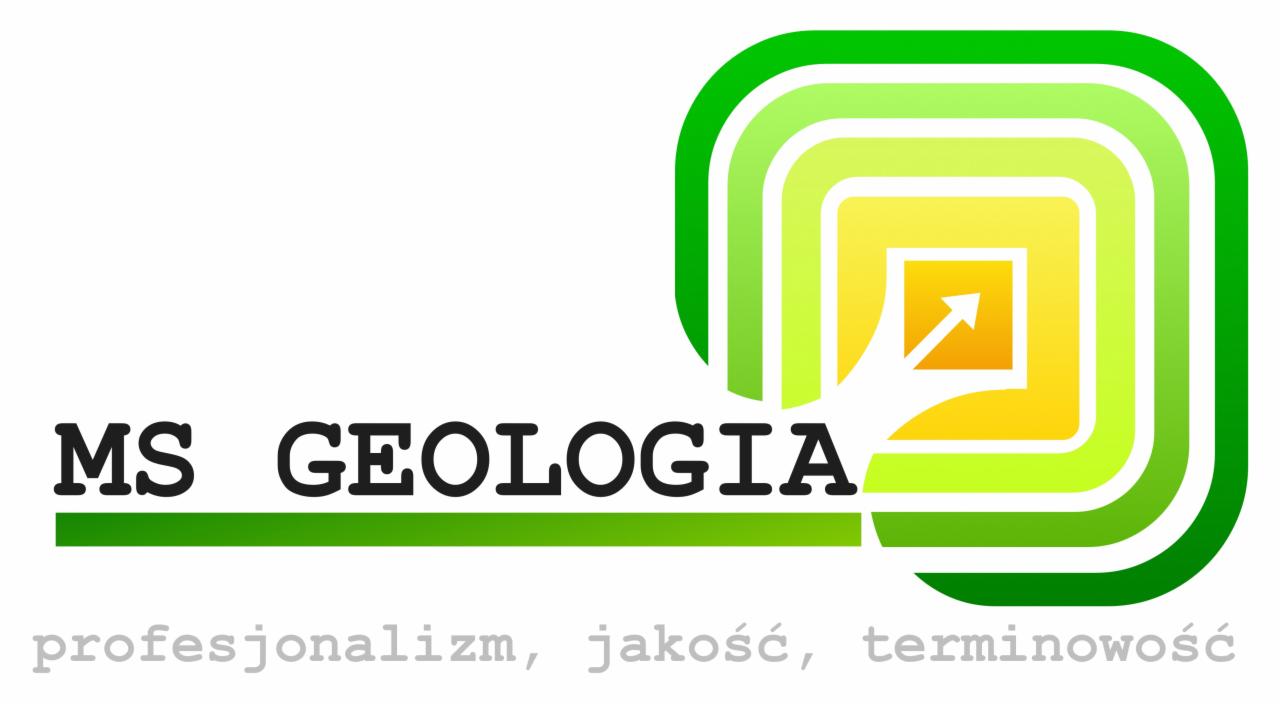 Logo firmy MS GEOLOGIA z zielono-żółtym gradientowym symbolem kwadratów i strzałką w prawym górnym rogu, oraz hasłem 'profesjonalizm, jakość, terminowość'.