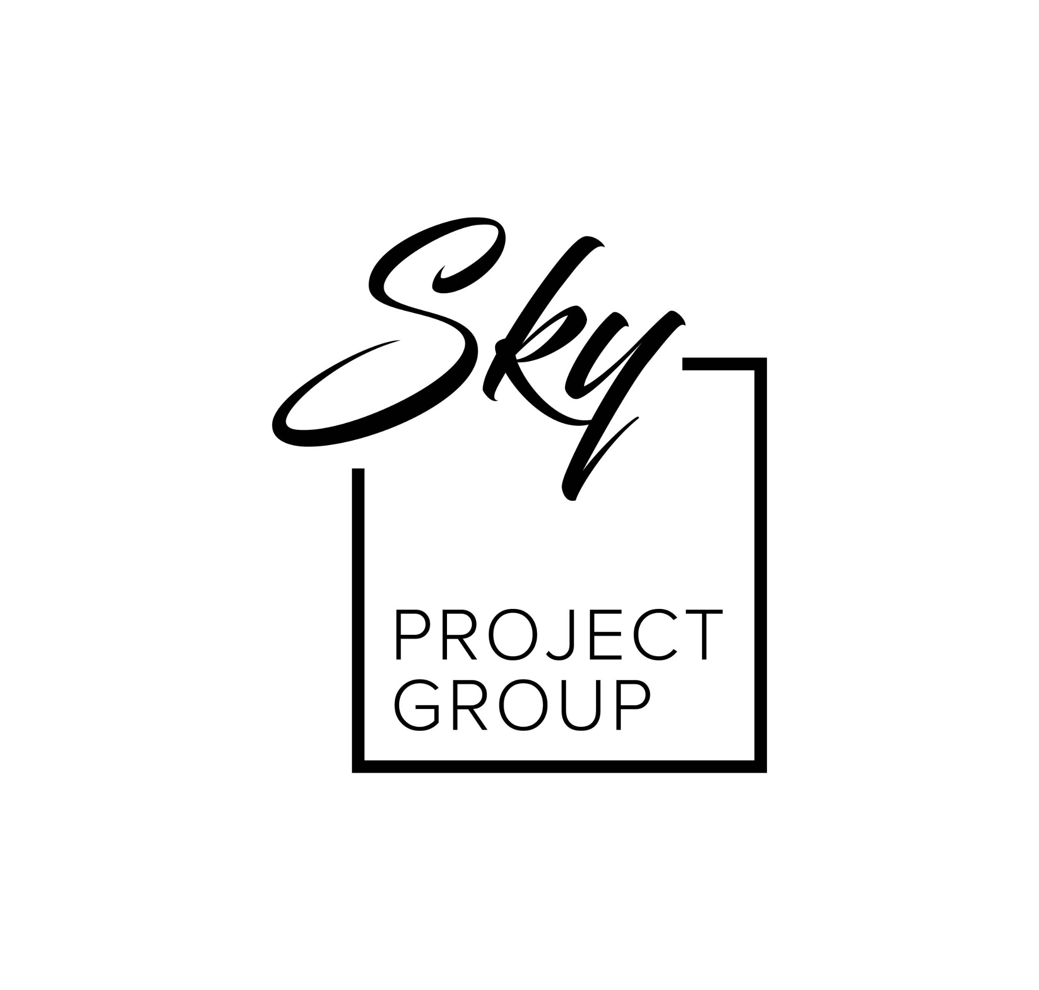 Czarno-białe logo firmy Sky Project Group z kaligraficznym napisem Sky umieszczonym nad prostokątną ramką zawierającą tekst PROJECT GROUP.