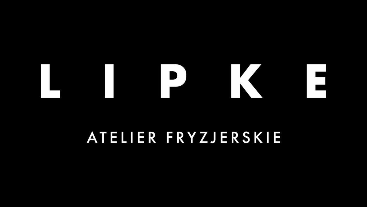Minimalistyczne logo 'LIPKE Atelier Fryzjerskie' na czarnym tle, wykorzystujące białą typografię.