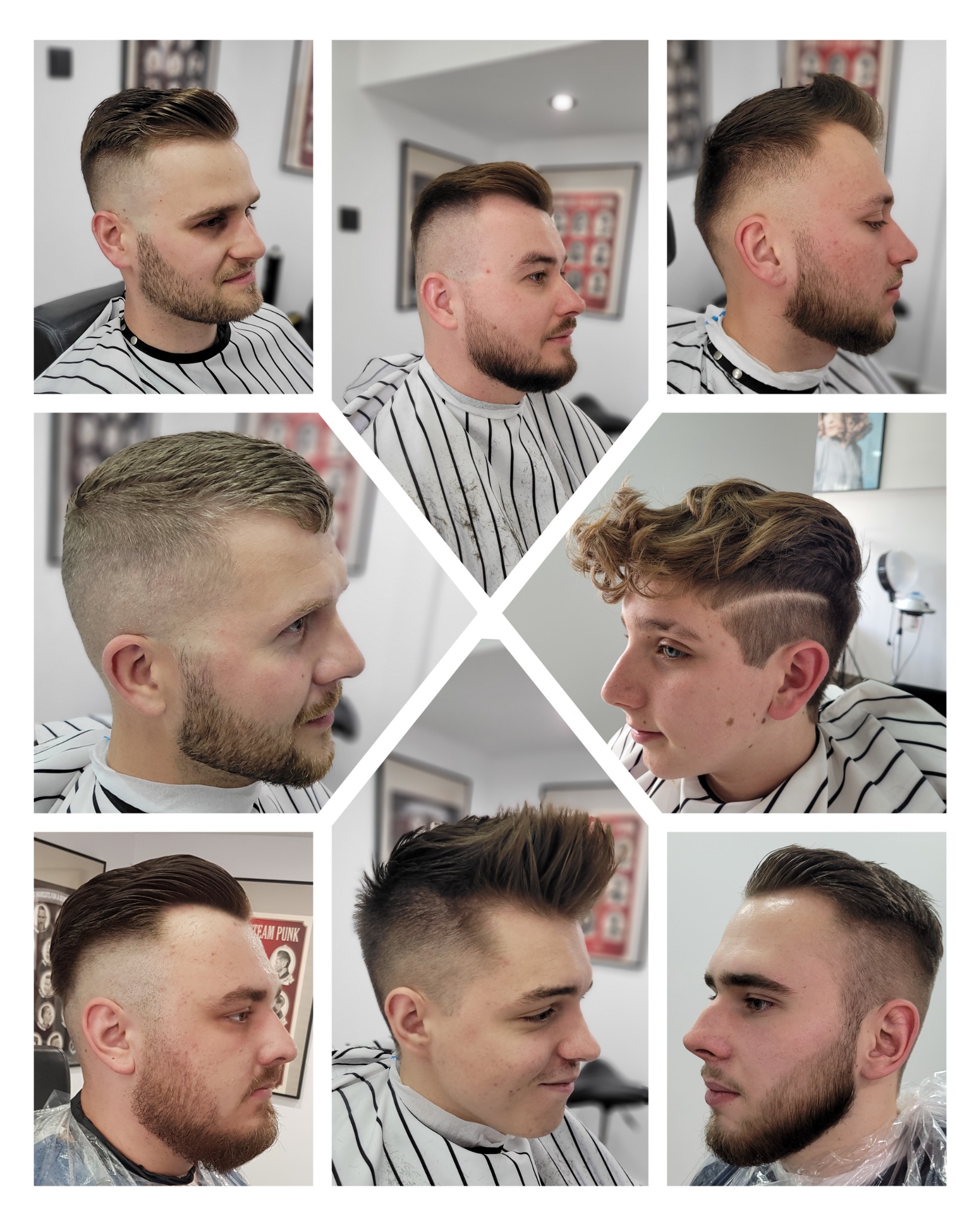 Kolaż prezentujący różne męskie fryzury, z uwzględnieniem cieniowania, stylizacji na gładko i z uniesioną górą, wykonane w salonie, widok z profilu.