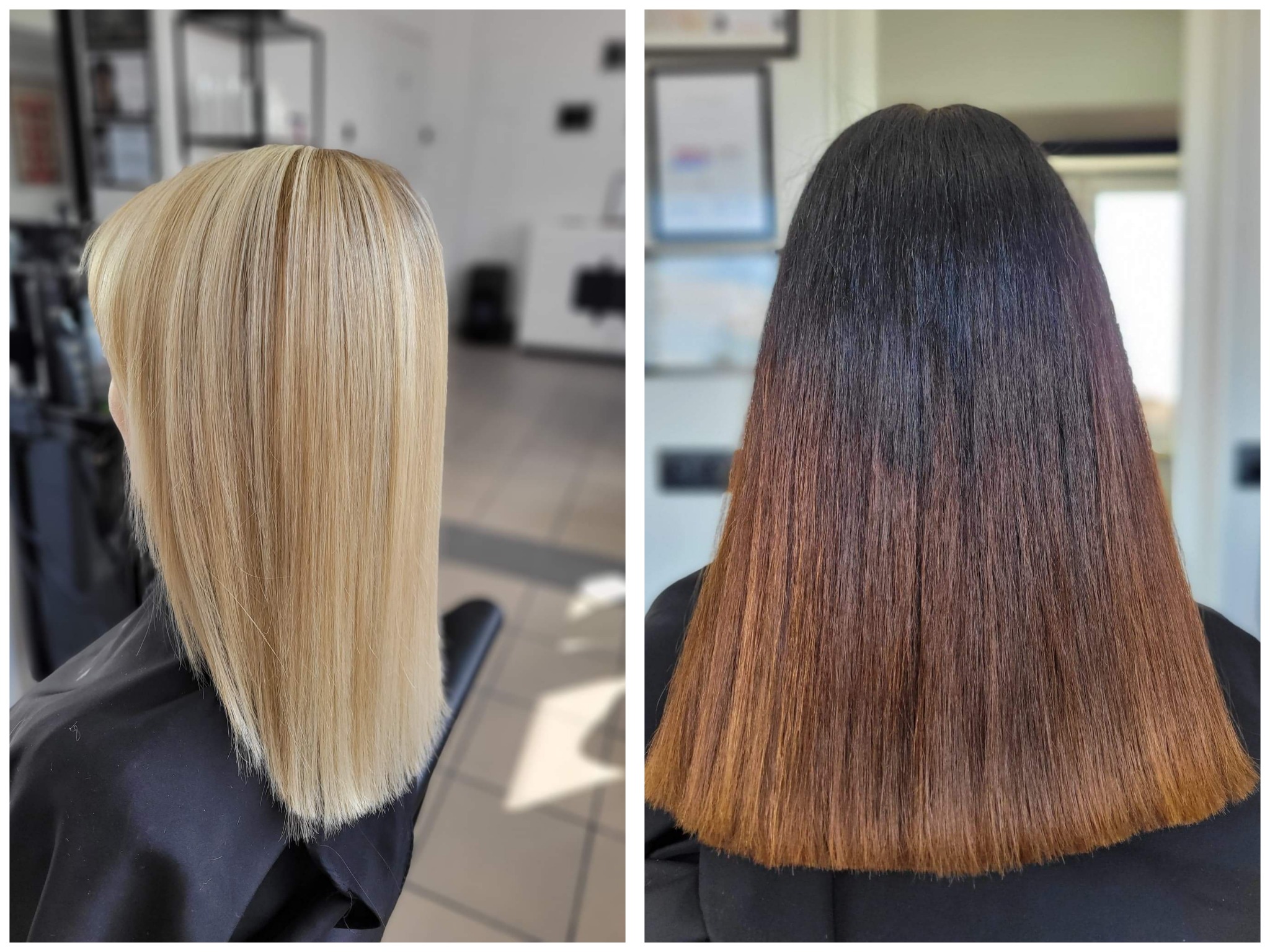 Porównanie dwóch stylizacji włosów: proste, blond włosy po lewej i ombre z ciemnego brązu do miedzianego blondu po prawej, obie z widocznymi końcówkami i gładką teksturą.