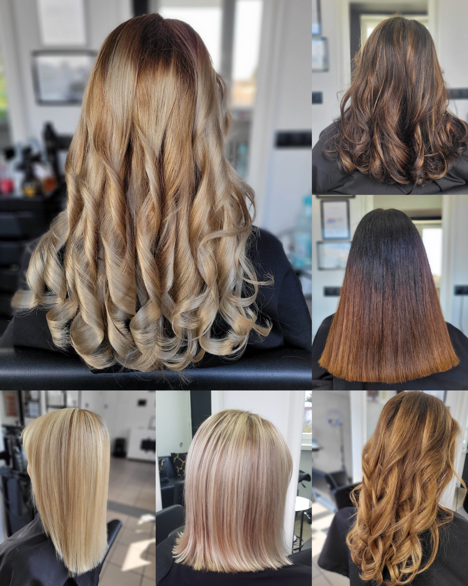 Kolaż sześciu zdjęć prezentujących różne fryzury damskie z tyłu: blond loki, brązowe fale z refleksami, ciemny brąz z ombre, proste blond włosy i krótkie blond włosy z różowymi tonami.
