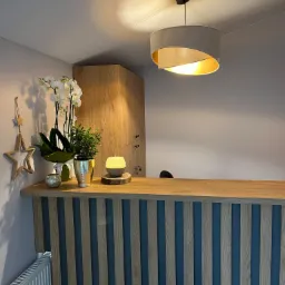 Recepcja gabinetu z drewnianym blatem i panelem dekoracyjnym, na blacie biała orchidea w srebrnej doniczce, mała zielona roślina w złotej doniczce oraz dyfuzor zapachowy, w tle drewniana szafa...