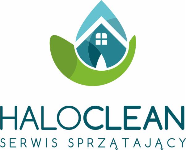Logo firmy sprzątającej HALOCLEAN z motywem domu w kropli wody otoczonej zielonym łukiem.