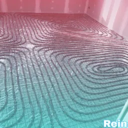 Równomiernie rozłożone rury ogrzewania podłogowego na siatce montażowej, widoczne przygotowane ściany do dalszych prac wykończeniowych.