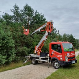 RS INSTALACJE Rafał Stankowiak - Czerwony podnośnik koszowy na drodze gruntowej podczas przycinania wysokich drzew iglastych, widoczne linie energetyczne w tle.