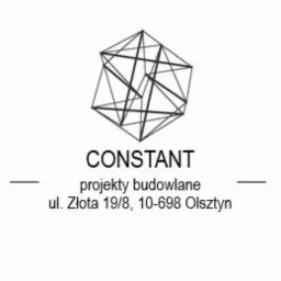 Logo firmy projektowej Constant: geometryczny symbol przestrzenny nad nazwą i danymi adresowymi.