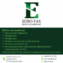 Logo firmy Euro-Tax Biuro Rachunkowe z zielonym symbolem E, oferującej outsourcing księgowości, obsługę kadr, płac, zatrudnienia obcokrajowców, pomoc w założeniu firmy i sporządzanie korekt...