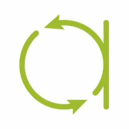 Zielony symbol recyklingu dokumentów z przerwą w obwodzie i pionową linią na zewnątrz koła, sugerujący proces obiegu informacji.