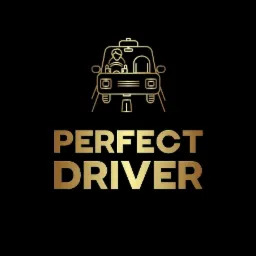 Złoty, minimalistyczny logotyp przedstawiający kierowcę w samochodzie z napisem 'PERFECT DRIVER' na czarnym tle.